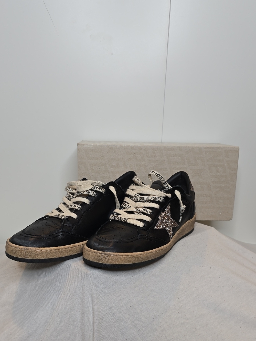 Golden Goose Black Sneakers with Glitter Star and Cream Laces